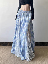 Blue Lace Patchwork Plaid Long Skirt